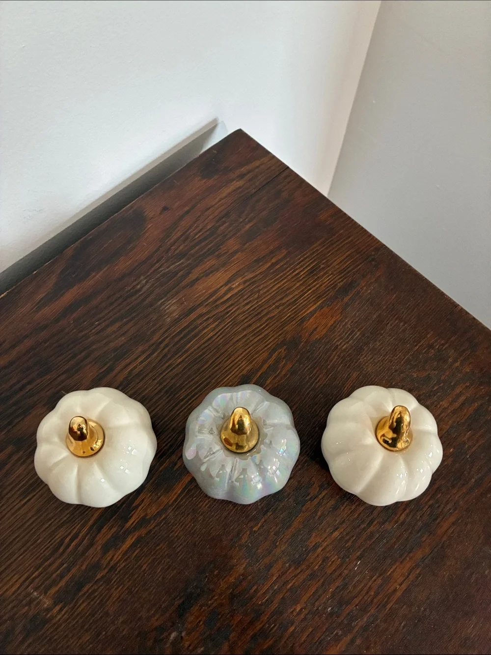 NWT- Set of 3- White & Gray Pearl Iridescent- Ceramic Pumpkins with Gold Stems